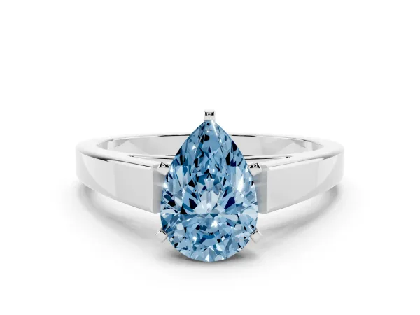 Fancy Blue Pear Cut Solitaire Engagement Ring with Four-Prong Setting and Tapered Band White gold