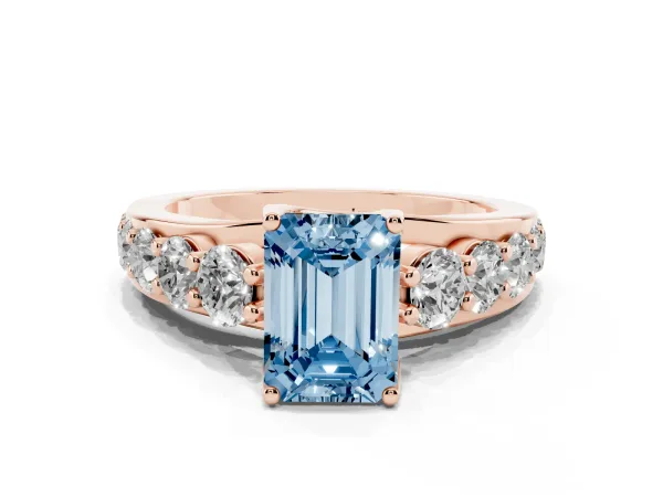 Fancy Blue Emerald Cut Diamond Engagement Ring with Pavé Band and Four-Prong Setting Rose gold