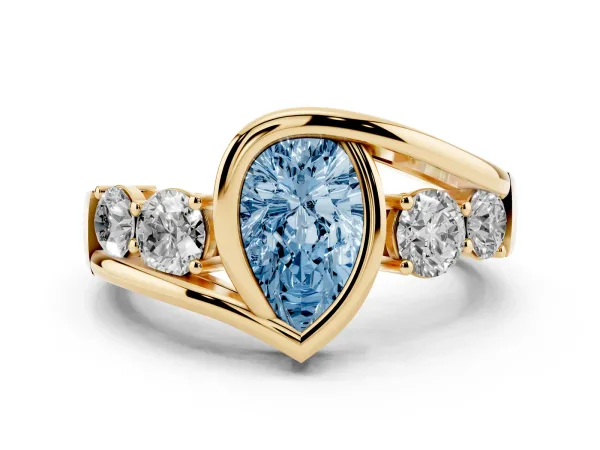 Fancy Blue Bezel Set Pear Cut Diamond Bypass Ring with Round Accents Yellow gold