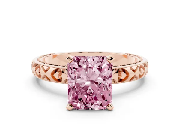 Fancy Pink Radiant Cut Solitaire Diamond Engagement Ring with XO Engraved Band and Four-Prong Setting Rose gold