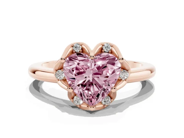 Fancy Pink Heart Cut Halo Diamond Ring with Round Cluster Setting, Solitaire Band, and Four-Prong Setting Rose gold
