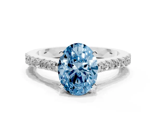 Fancy Blue Oval Cut Cut Solitaire Diamond Engagement Ring with Pave Band and Four-Prong Setting White gold