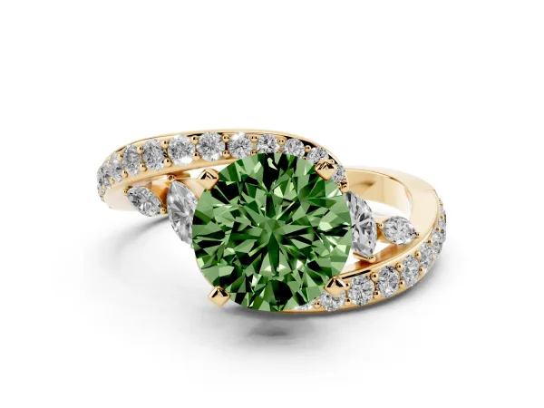Fancy Green Round Cut Solitaire with Pavé Twist Band and Four-Prong Setting Yellow gold