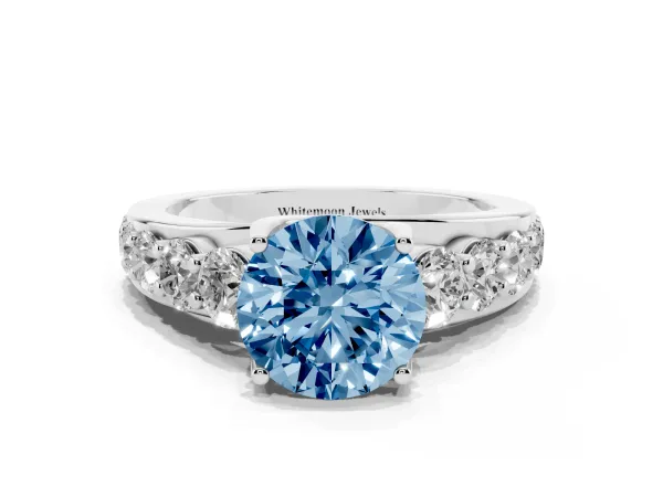 Fancy Blue Round Cut Diamond Engagement Ring with Pavé Band and Four-Prong Setting Platinum