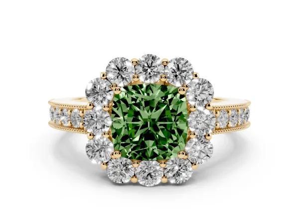 Fancy Green Cushion Cut Cut Halo Diamond Pavé Engagement Ring with Milgrain Detailing Yellow gold