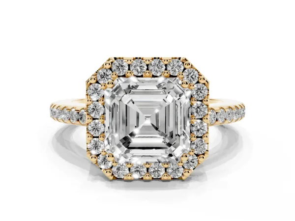 Asscher Cut Diamond Pavé Halo Ring with Four-Prong Setting Yellow gold