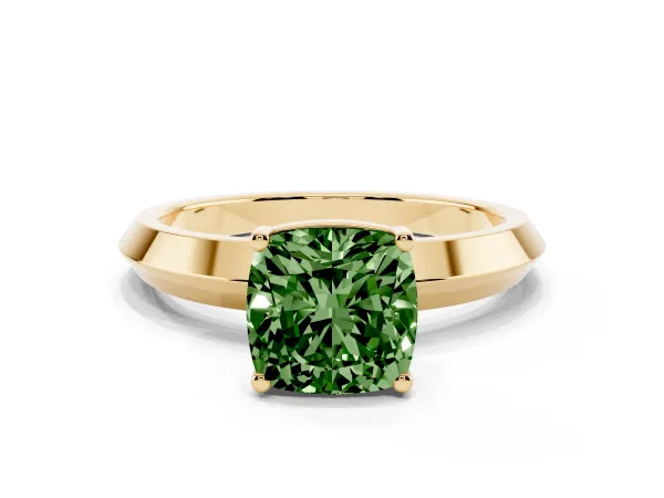 Fancy Green Cushion Cut Cut Solitaire Engagement Ring with Flat Band and Four-Prong Setting Yellow gold