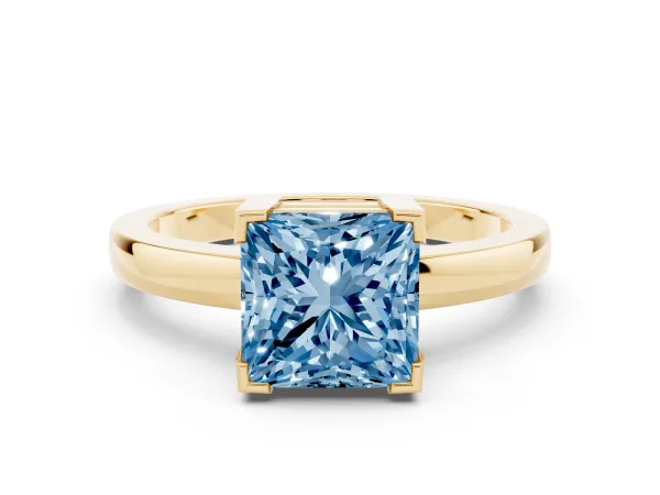 Fancy Blue Princess Cut Cut Solitaire Ring with Four-Prong Setting and Classic Band Yellow gold