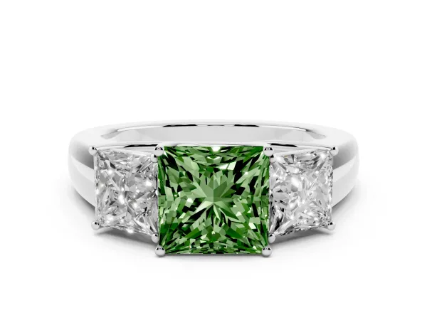 Fancy Green Three-Stone Princess Cut Cut Diamond Ring with Prong Setting and Classic Band Platinum