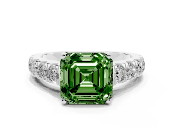 Fancy Green Asscher Cut Cut Diamond Solitaire Ring with Micro Pave Band and Prong Setting Platinum