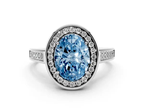 Fancy Blue Oval Cut Halo Solitaire Diamond Ring with Pave Band and Bezel Setting Platinum