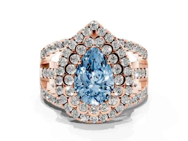 Fancy Blue Pear Cut Diamond Double Halo Ring with Round Pavé Split Shank and Prong Setting Rose gold