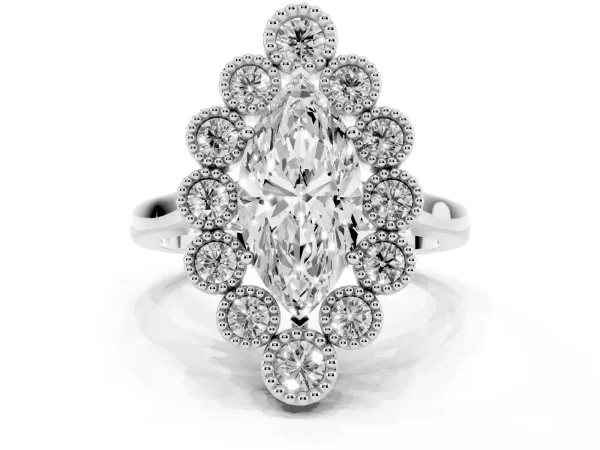 Marquise Cut Halo Diamond Cluster Engagement Ring with Milgrain Bezel Setting and Solitaire Band White gold