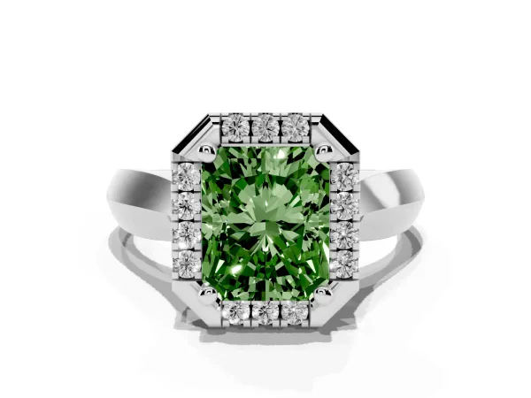 Fancy Green Radiant Cut Cut Halo Solitaire Engagement Ring with Square Band and Four-Prong Setting White gold