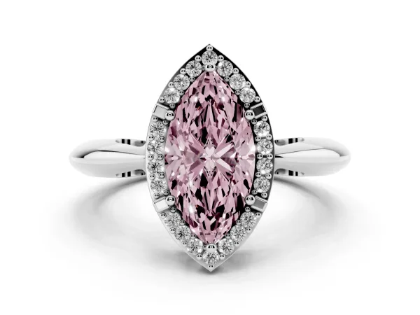Fancy Pink Marquise Cut Cut Diamond Halo Engagement Ring with Split Shank and Four-Prong Setting White gold