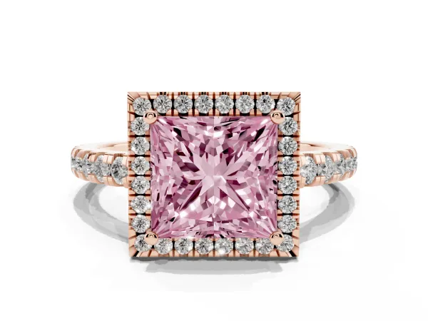 Fancy Pink Princess Cut Diamond Halo Ring with Pavé Band and Four-Prong Setting Rose gold