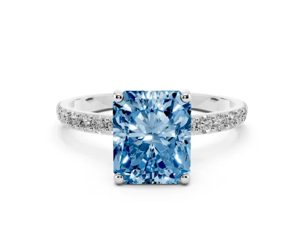 Fancy Blue Radiant Cut Diamond Solitaire Ring with Round Pavé Band and Prong Setting White gold