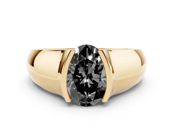 Fancy Black Oval Cut Solitaire Bezel Set Diamond Ring with Wide Band Yellow gold
