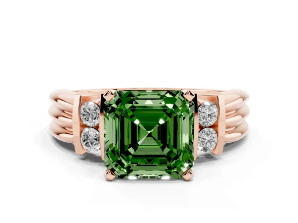 Fancy Green Asscher Cut Cut Three-Stone Channel Set Ring with Bar Prongs Rose gold