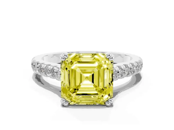 Fancy Yellow Asscher Cut Solitaire Pave Diamond Engagement Ring with Prong Setting White gold
