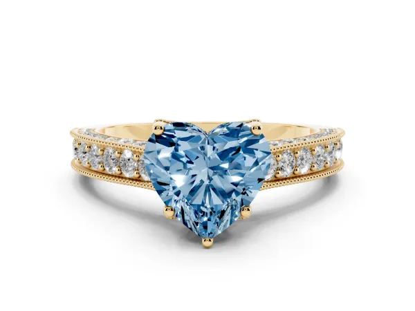 Fancy Blue Heart Cut Cut Diamond Solitaire Ring with Milgrain Pave Band and Four Prong Setting Yellow gold