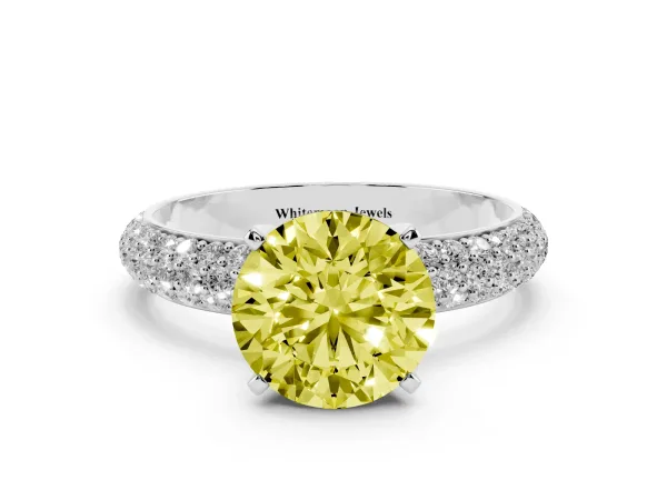 Fancy Yellow Round Cut Diamond Solitaire Ring with Prong Setting and Pavé Band White gold