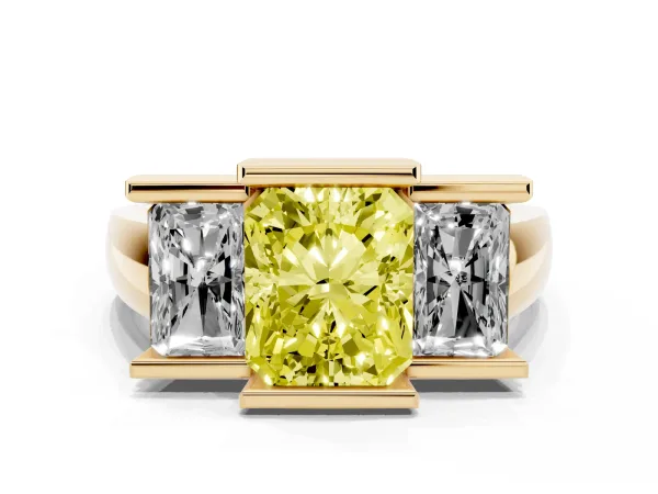 Fancy Yellow Three Stone Radiant Cut Cut Channel Set Diamond Ring Yellow gold
