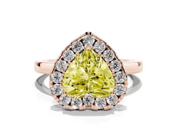Fancy Yellow Heart Cut Halo Diamond Solitaire with Pavé Band and Four-Prong Setting Rose gold