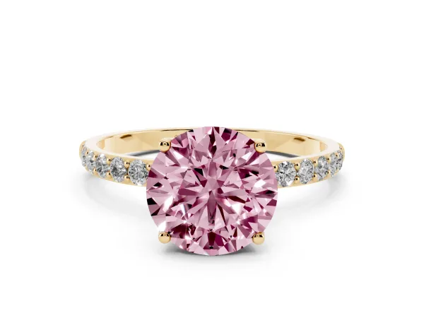 Fancy Pink Round Cut Diamond Solitaire Engagement Ring with Round Pavé Band and Prong Setting Yellow gold