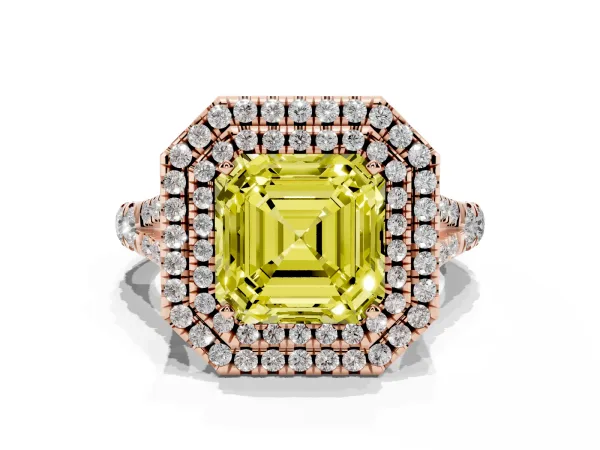 Fancy Yellow Asscher Cut Diamond Pavé Split Shank Double Halo Engagement Ring Rose gold