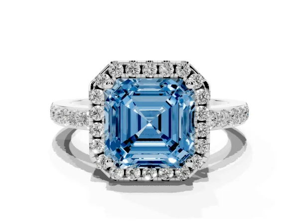 Fancy Blue Asscher Cut Halo Diamond Pavé Band Ring with Prong Setting Platinum