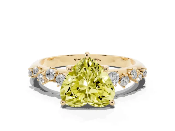 Fancy Yellow Heart Cut Diamond Cluster Side Stone Solitaire Ring with Prong Setting Yellow gold