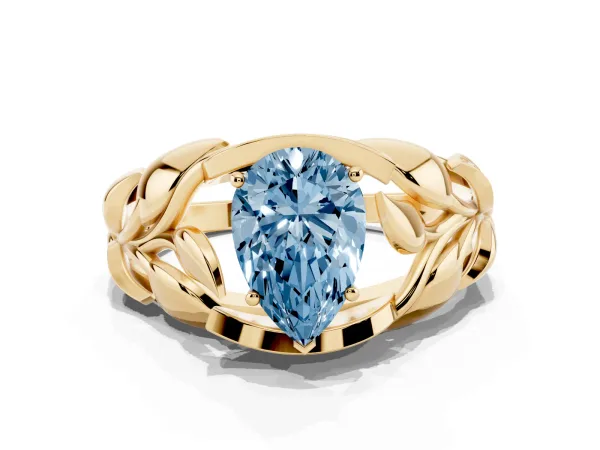 Fancy Blue Pear Cut Diamond Leaf-Inspired Engagement Ring with Round Accents and Prong Setting Yellow gold