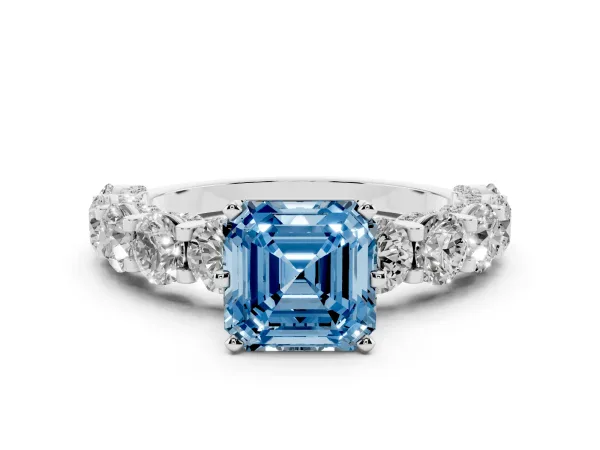 Fancy Blue Asscher Cut Diamond Side Stone Engagement Ring with Four-Prong Setting Silver