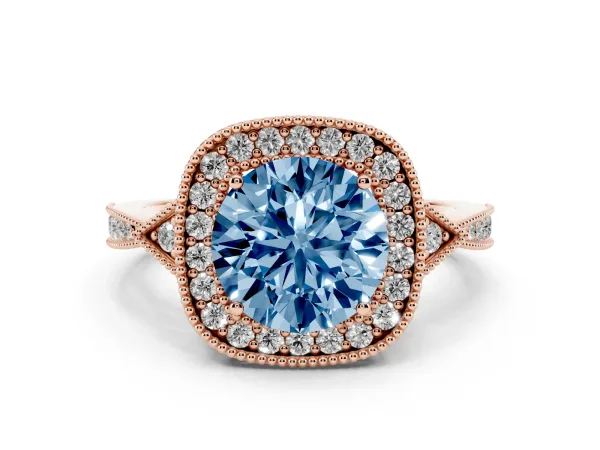 Fancy Blue Round Cut Halo Round Diamond Milgrain Pave Engagement Ring Rose gold