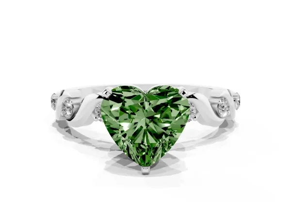 Fancy Green Heart Cut Diamond Solitaire Twisted Band with Round Accents and Prong Setting Platinum