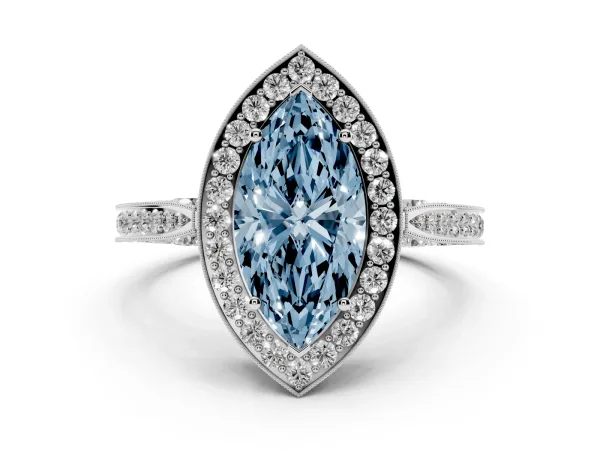 Fancy Blue Marquise Cut Halo Diamond Engagement Ring with Split Shank Band and Four-Prong Setting Platinum