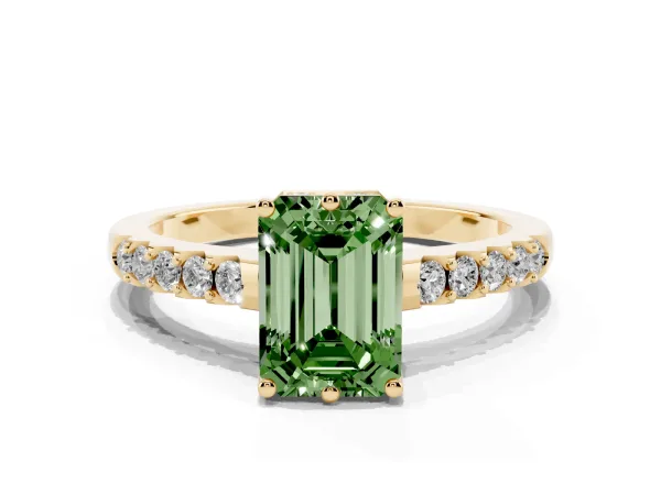 Fancy Green Emerald Cut Solitaire Diamond Engagement Ring with Pavé Band and Six-Prong Setting Yellow gold