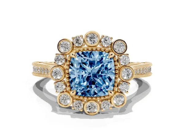 Fancy Blue Cushion Cut Halo Milgrain Pave Diamond Ring with Four-Prong Setting Yellow gold