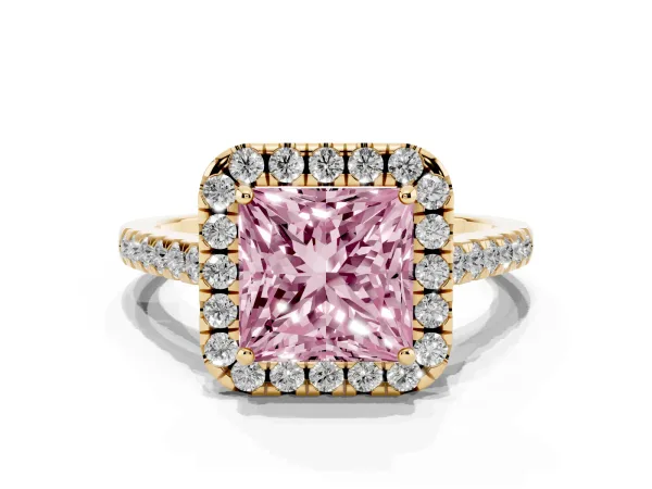 Fancy Pink Princess Cut Halo Pave Diamond Engagement Ring with Four-Prong Setting Yellow gold