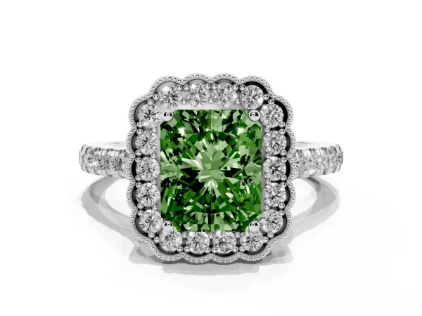 Fancy Green Radiant Cut Cut Diamond Milgrain Floral Halo Engagement Ring with Pavé Band White gold