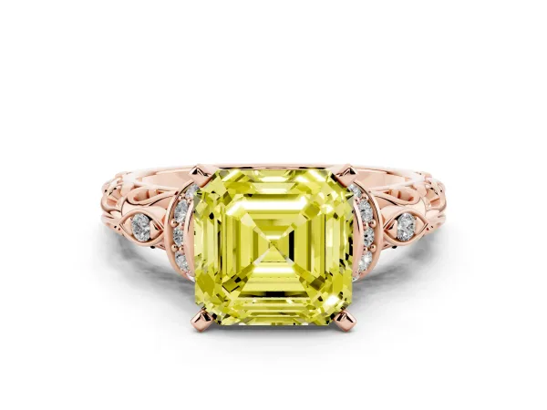 Fancy Yellow Asscher Cut Diamond Solitaire Ring with Filigree Band and Four-Prong Setting Rose gold