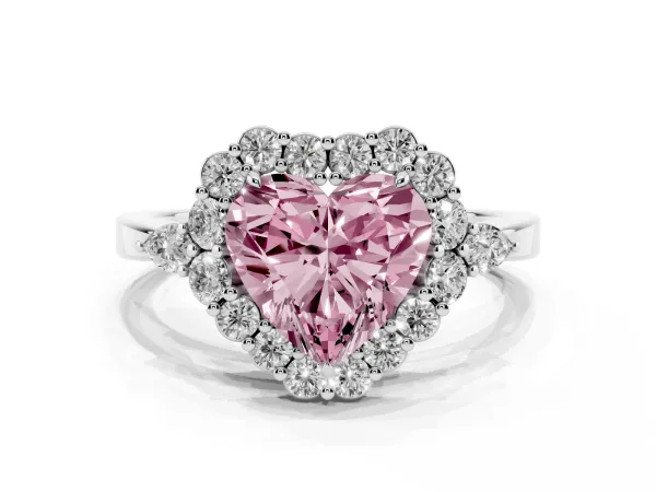 Fancy Pink Heart Cut Diamond Halo Ring with Pear Side Stones and Prong Setting Platinum