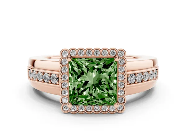 Fancy Green Princess Cut Cut Halo Pave Band Four-Prong Ring Rose gold