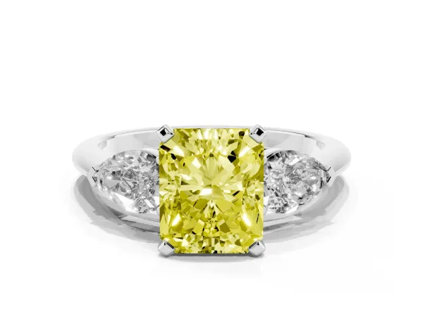 Fancy Yellow Three-Stone Radiant Cut Diamond Ring with Pear Side Stones and Four-Prong Setting White gold