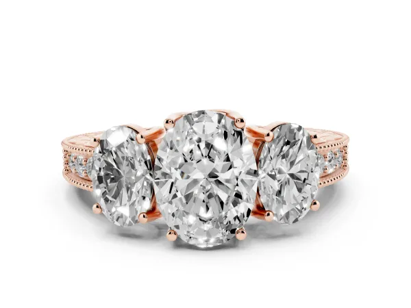 Three-Stone Oval Cut Cut Milgrain Pavé Engagement Ring Rose gold
