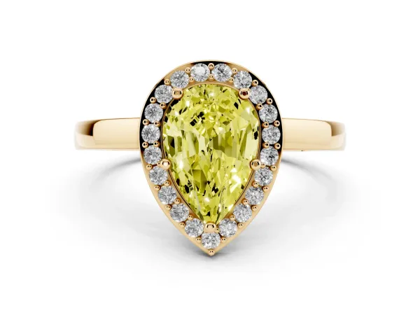 Fancy Yellow Pear Cut Halo Diamond Ring with Solitaire Band and Prong Setting Yellow gold