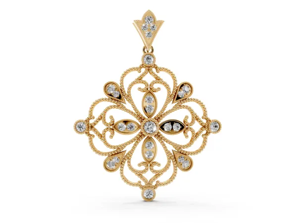 Vintage Floral Diamond Pendant with Round Brilliant Cut and Pavé Setting Yellow gold