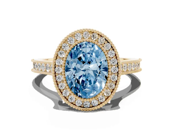 Fancy Blue Halo Oval Cut-Cut Diamond Pave Band Milgrain Prong Setting Ring Yellow gold