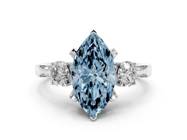 Fancy Blue Marquise Cut Brilliant Three-Stone Diamond Ring with Pavé Band and Four-Prong Setting White gold
